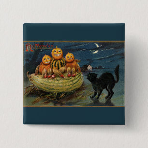 Vintage Halloween Pumpkins Black Cat 2 Inch Square Button