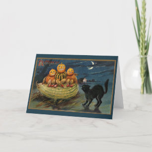 Vintage Halloween Pumpkins Black Cat Card