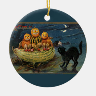 Vintage Halloween Pumpkins Black Cat Ceramic Ornament