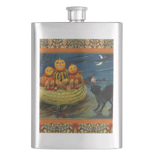 Vintage Halloween Pumpkins Black Cat Hip Flask
