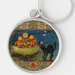 Vintage Halloween Pumpkins Black Cat Keychain