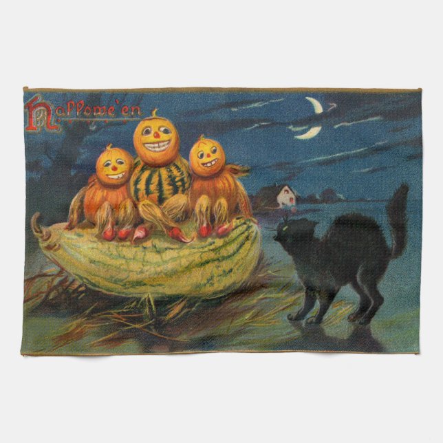 Vintage Halloween Pumpkins Black Cat Kitchen Towel (Horizontal)