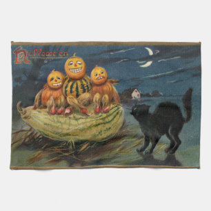 Vintage Halloween Pumpkins Black Cat Kitchen Towel