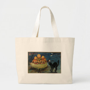 Vintage Halloween Pumpkins Black Cat Large Tote Bag