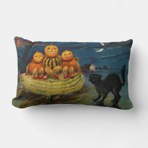Vintage Halloween Pumpkins Black Cat Lumbar Pillow