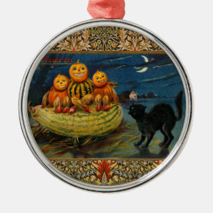 Vintage Halloween Pumpkins Black Cat Metal Ornament