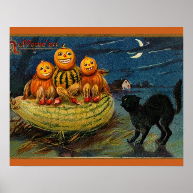 Vintage Halloween Pumpkins Black Cat Poster (Front)