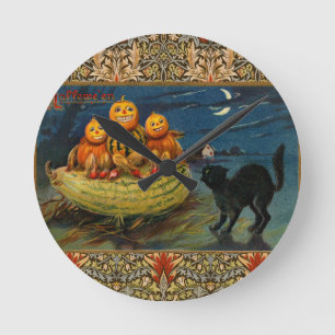 Vintage Halloween Pumpkins Black Cat Round Clock