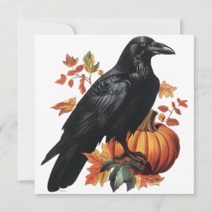 Vintage Halloween Raven & Pumpkin Fall Leaves Card