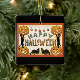 Vintage Halloween, Retro Cats with Pumpkins Ceramic Ornament
