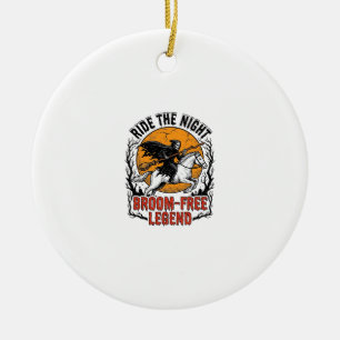 Vintage Halloween Rider Broom-Free Spooky Art_1 Ceramic Ornament
