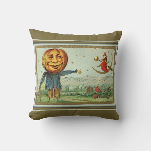 Vintage Halloween Scarecrow and Witch Throw Pillow (Front)