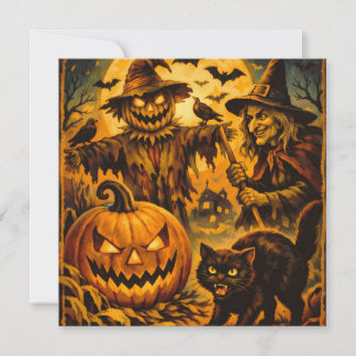 Vintage Halloween Scarecrow, Witch, Pumpkin Card