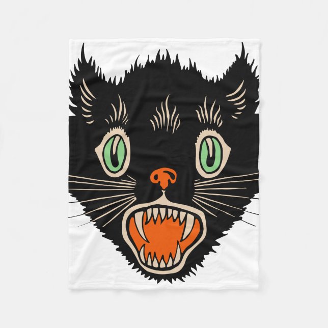 Vintage Halloween Scared Black Cat Fleece Blanket (Front)