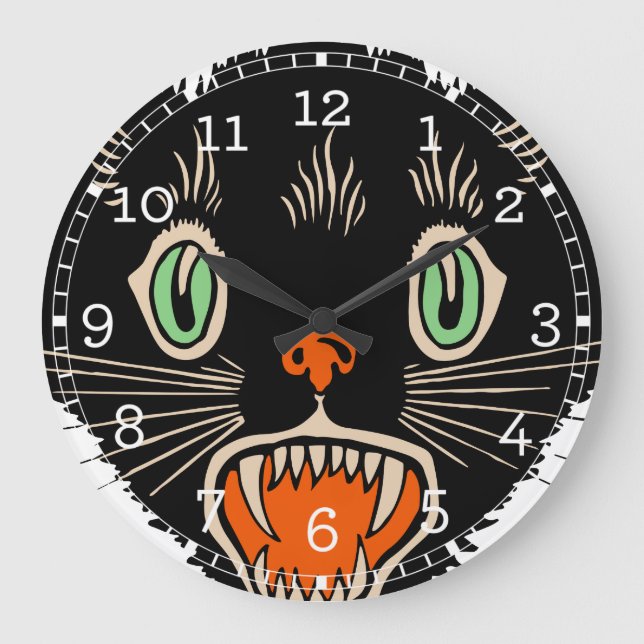 Vintage Halloween Scared Black Cat Large Clock (Front)