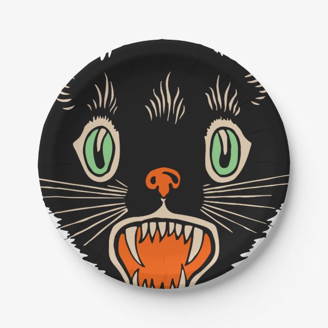 Vintage Halloween Scared Black Cat Paper Plate (Front)