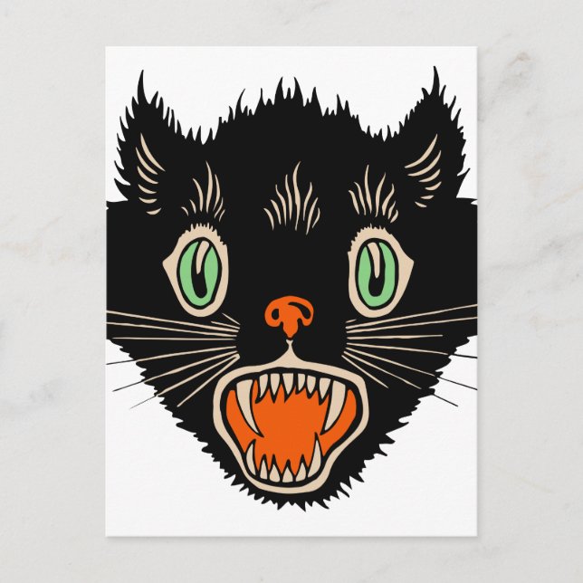 Vintage Halloween Scared Black Cat Postcard (Front)