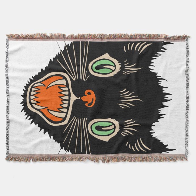 Vintage Halloween Scared Black Cat Throw Blanket (Front)