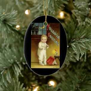 Vintage Halloween, Scared Boy with Black Cat Ceramic Ornament