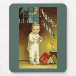 Vintage Halloween, Scared Boy with Black Cat Mouse Pad