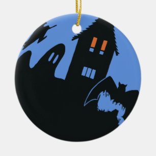 Vintage Halloween, Scary Haunted House and Witch Ceramic Ornament