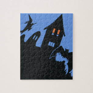 Vintage Halloween, Scary Haunted House and Witch Jigsaw Puzzle