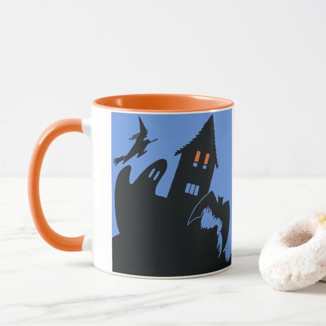 Vintage Halloween, Scary Haunted House and Witch Mug (With Donut)