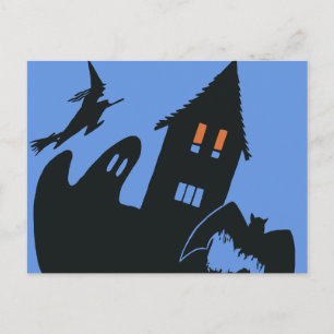 Vintage Halloween, Scary Haunted House and Witch Postcard