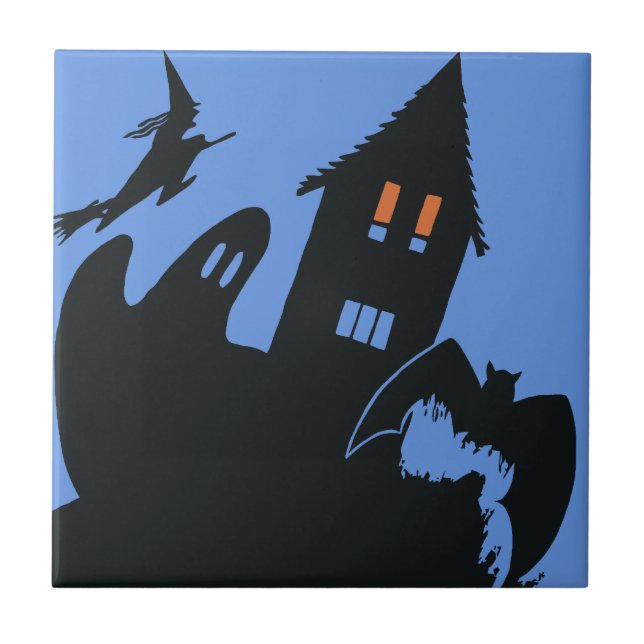 Vintage Halloween, Scary Haunted House and Witch Tile (Front)