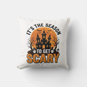 Vintage Halloween Scary Season Haunted Castle Shir Throw Pillow