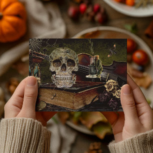 Vintage Halloween Scene Decoupage Skull Ephemera Postcard