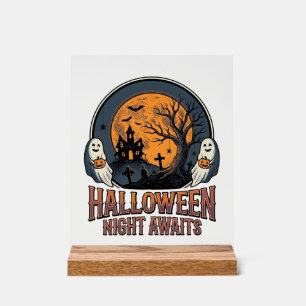 Vintage Halloween Scene Engraved Moon Ghost Shirt_ Acrylic Sign