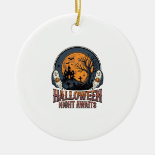 Vintage Halloween Scene Engraved Moon Ghost Shirt_ Ceramic Ornament