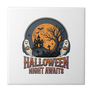 Vintage Halloween Scene Engraved Moon Ghost Shirt_ Tile
