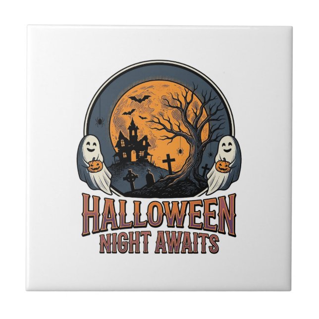 Vintage Halloween Scene Engraved Moon Ghost Shirt_ Tile (Front)