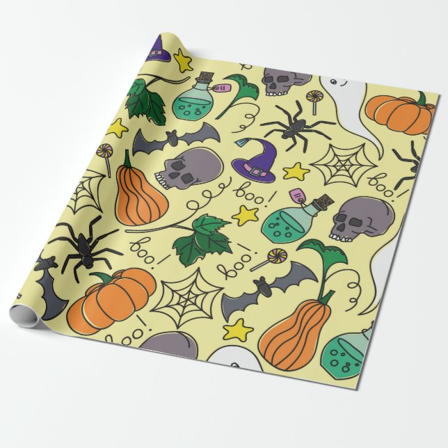vintage Halloween seamless pattern. Pumpkin, ghost Wrapping Paper (Unrolled)