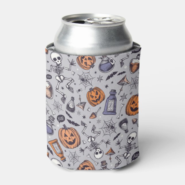 Vintage Halloween Skeleton and Potions Pattern Can Cooler (Can Front)