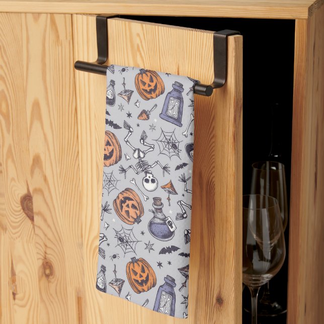 Vintage Halloween Skeleton and Potions Pattern Kitchen Towel (Thirds Fold)