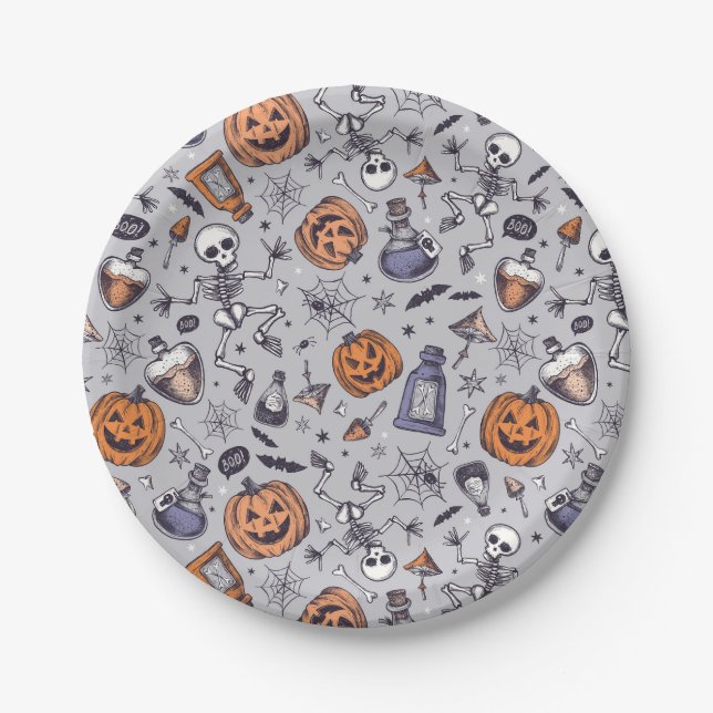 Vintage Halloween Skeleton and Potions Pattern Paper Plate (Front)