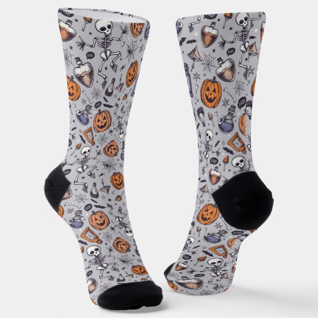 Vintage Halloween Skeleton and Potions Pattern Socks (Angled)