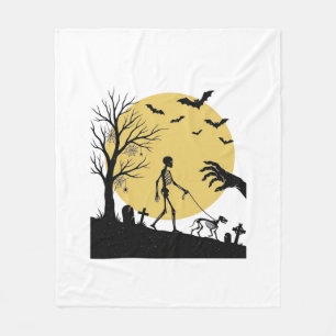 Vintage Halloween Skeleton Dog Moon Vector Design_ Fleece Blanket