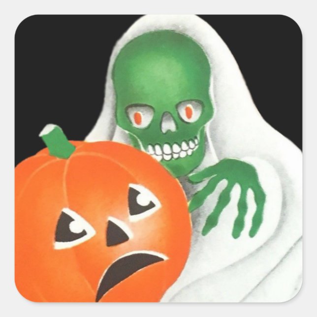 Vintage Halloween Skeleton Ghoul and Pumpkin Square Sticker (Front)
