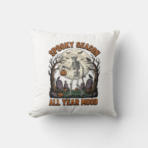 Vintage Halloween Skeleton Spooky Season White Shi Throw Pillow