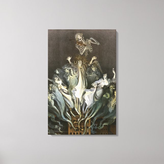 Vintage Halloween, Skeleton Violinist and Ghosts Canvas Print (Front)
