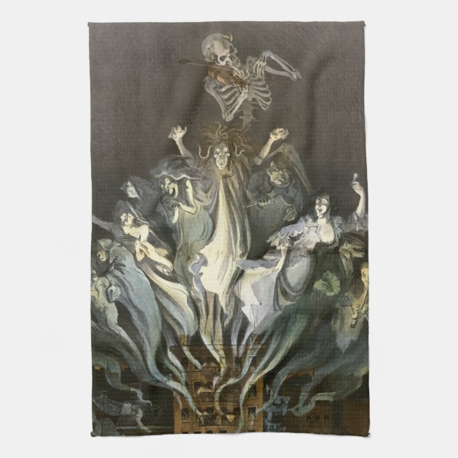 Vintage Halloween, Skeleton Violinist and Ghosts Kitchen Towel (Vertical)