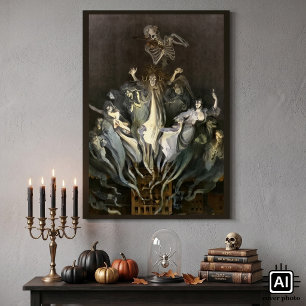 Vintage Halloween, Skeleton Violinist and Ghosts Poster