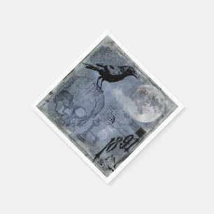 Vintage Halloween Skull and Crow Decoupage Napkin