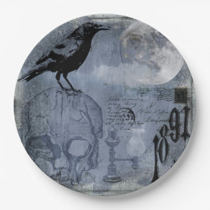 Vintage Halloween Skull and Crow Paper Plate