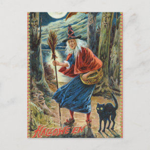Vintage Halloween sorcière chat noir carte postale