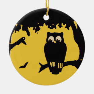 Vintage Halloween, Spooky Owl in Tree with Moon Ceramic Ornament